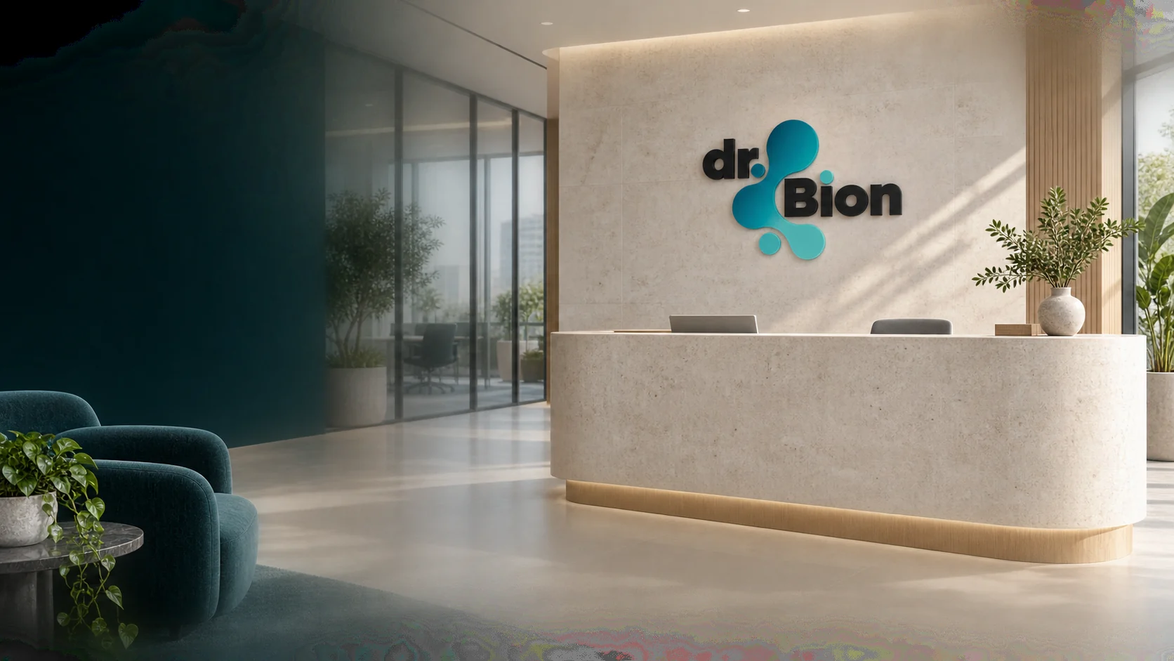 Dr.Bion logosuyla tasarlanmış, doğal ışıklı temsili ofis resepsiyonu